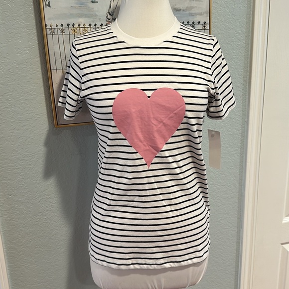 French Connection Size XS Black & White Striped Heart T-Shirt •NWT! - Picture 1 of 8